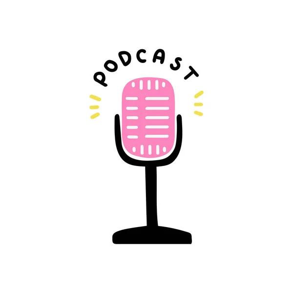 Podcast-Konzeptillustration. Medienwerkzeug, Mikrofon und Sprechblasenkritzelsymbol Stockillustration