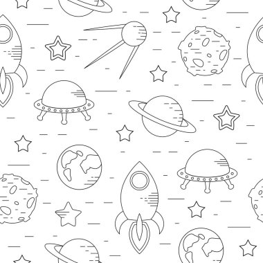 El çizimi uzay elementleri kusursuz desen. Uzay karalama vektörü illüstrasyonu