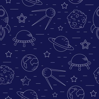 El çizimi uzay elementleri kusursuz desen. Uzay karalama vektörü illüstrasyonu