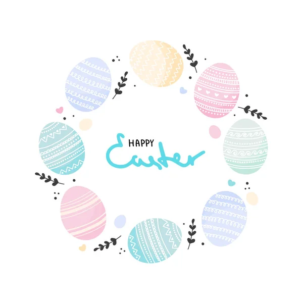 Adorno Día de Pascua, marco redondo o conjunto de huevos de Pascua coloridos decorados sobre fondo blanco — Archivo Imágenes Vectoriales