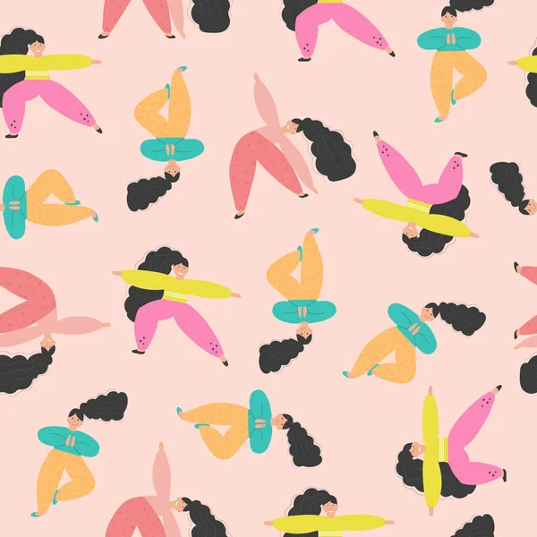 Kvinnor i yoga poserar seamless mönstrar bakgrund i minimalistic stil — Stock vektor