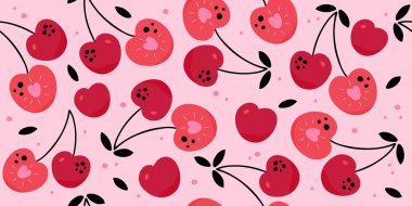Pembe arkaplan vektör illüstrasyonunda siyah yapraklı kiraz meyvesinin pürüzsüz hali