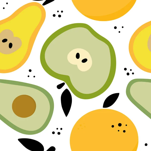 Handgezeichnete süße, nahtlose Musterfrüchte, Orange, Apfel, Birne, Avocado auf weißem Hintergrund — Stockvektor