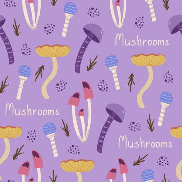 Vektor sömlöst mönster med giftiga oätliga svampar, blad och prickar — Stock vektor