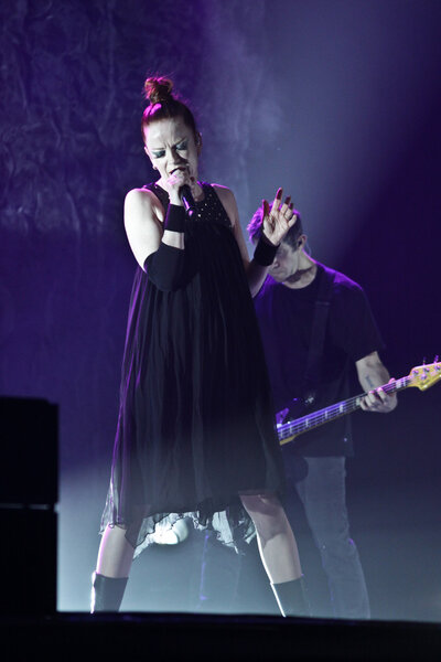 MINSK, BELARUS - NOVEMBER 13, 2012: Shirley Manson from GARBAGE performs on stage on November 13, 2012 in Minsk, Belarus