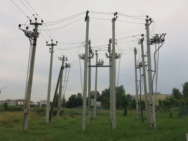 Poteaux Électriques Béton Contre Ciel Gris Paysage Industriel — Photo