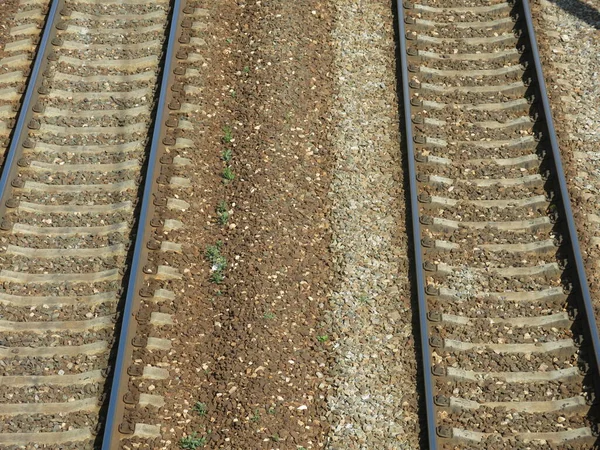 Příměstské Železniční Tratě Tyčemi Kolejnicemi Létě — Stock fotografie