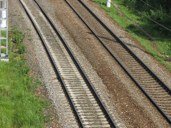 Suburban Railway Tracks Poles Rails Summer — Stock Photo, Image