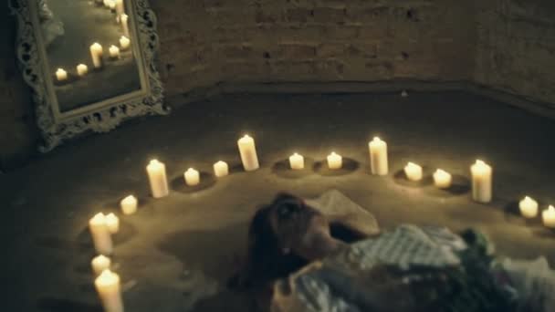 Corpse Bride Floor Candles Flowers Her Hands Shes Abandoned House — Stockvideo