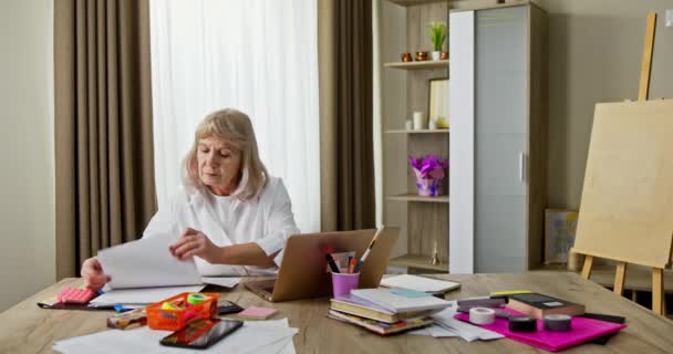 Senior Businesswoman Working Paperwork Home Office Arranging Papers Her Desk — Stock Video