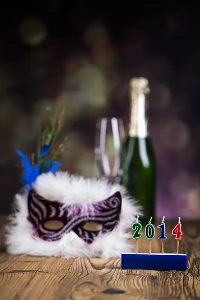 Fancy dress ball, Carnival mask, glass of champagne, celebrate New Year's Eve — Stock Photo, Image