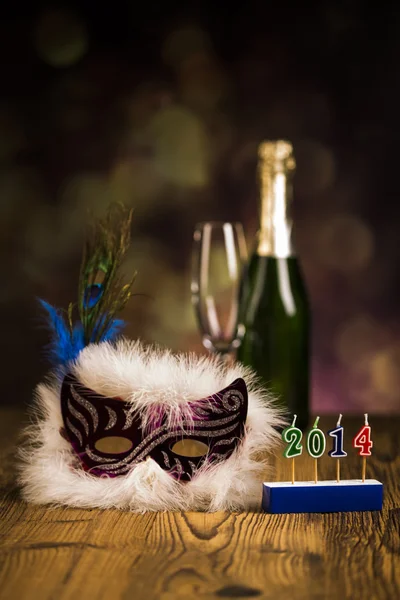 Fancy dress ball, Carnival mask, glass of champagne, celebrate New Year's Eve — Stock Photo, Image