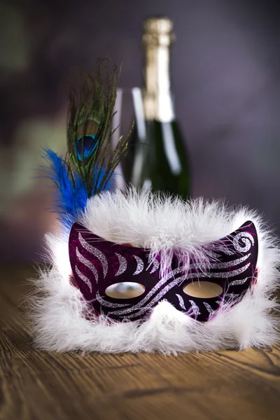 Fancy dress ball, Carnival mask, glass of champagne, celebrate New Year's Eve — Stock Photo, Image