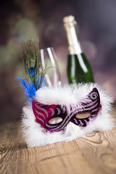 Fancy dress ball, Carnival mask, glass of champagne, celebrate New Year's Eve — Stock Photo, Image