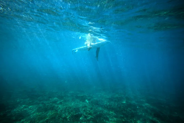 Surfista feminina subaquática — Fotografia de Stock