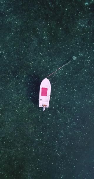 Вид с воздуха на лодки на голубой воде, атолл Северный Мужской, остров Хура, — стоковое видео