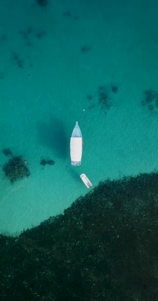 Vue aérienne des bateaux sur l'eau bleue, atoll de North Male, île de Huraa, — Video