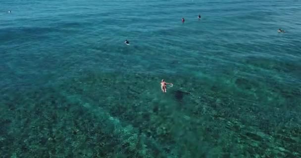 Deniz dalgalarında sörfçülerin hava görüntüsü, Maldivler — Stok video