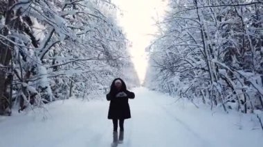 Kar ormanlarında yürüyen bir kadın