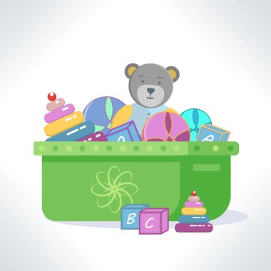 Oyuncak dolu oyuncak kutusu. Modern düz stil vektör illüstrasyon çizgi film Clipart.