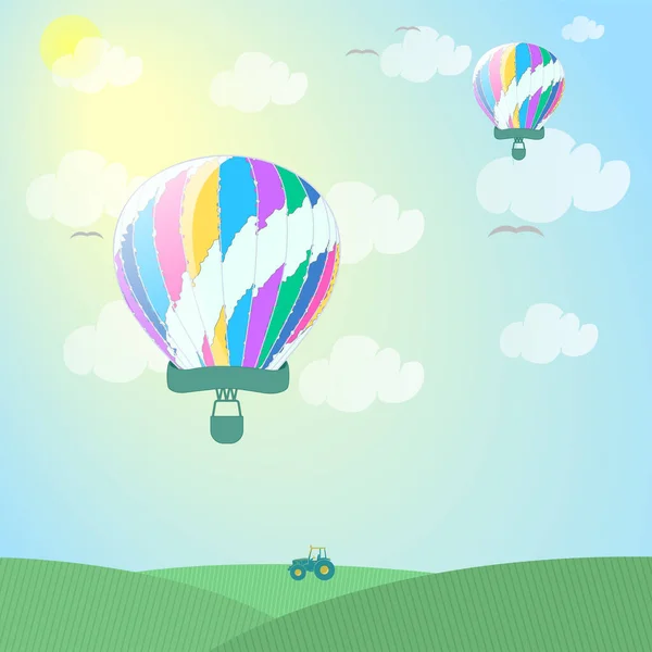 Vektor Illustration Von Ballons Die Über Das Feld Fliegen — Stockvektor