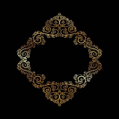 Süslemeli vektör. Siyah arka planda süslemeli altın sarısı çiçekli elementler. Klasik tarzda hem de. Tebrik kartı ve lazer kesim için kullanabilirsiniz..