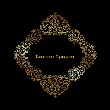 Süslemeli vektör. Siyah arka planda süslemeli altın sarısı çiçekli elementler. Klasik tarzda hem de. Tebrik kartı ve lazer kesim için kullanabilirsiniz..