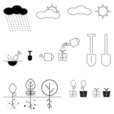 Çiçek dikme ve bahçe aletleri simgeleri. Doğrusal biçim.