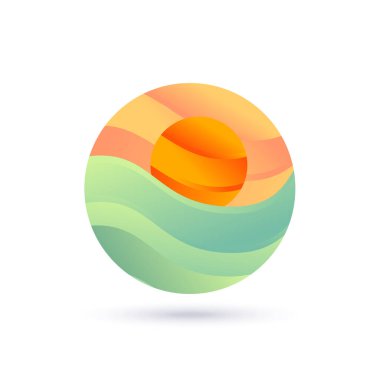 Denizde gün batımı. Plaj Logosu Tasarım Vektörü.