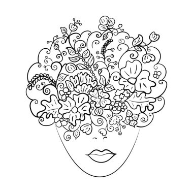  Kafasında çiçekler olan güzel bir kız yüzü. Vektör illüstrasyonu.