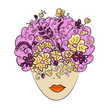 Kafasında çiçekler olan güzel bir kız yüzü. Vektör illüstrasyonu.