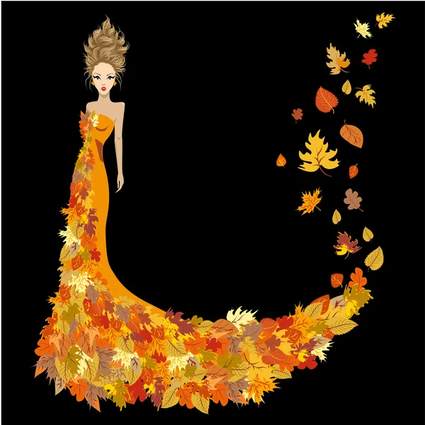 Woman dressed in autumn leaves — Stock Vector