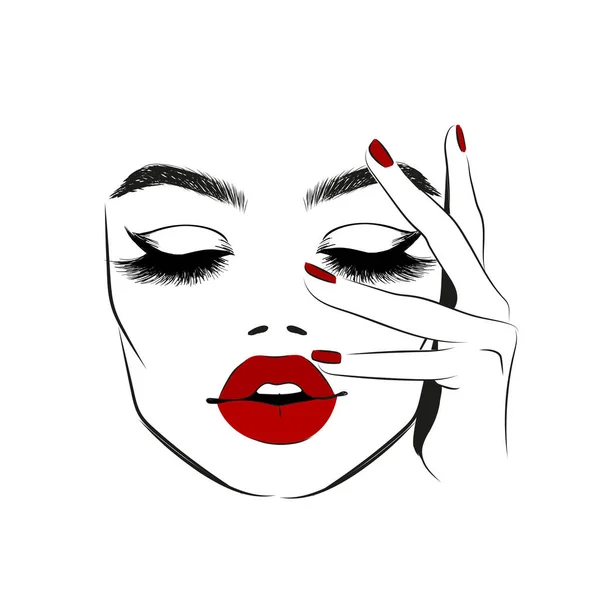 Cara de mujer con labios rojos y pestañas — Vector de stock