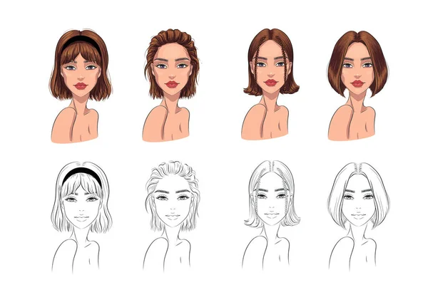 ボブヘアカットイラストの異なるスタイルのセット — ストックベクタ