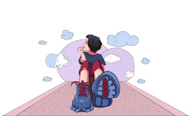 Kız büyük spor ayakkabıları resimleriyle yolda oturuyor.