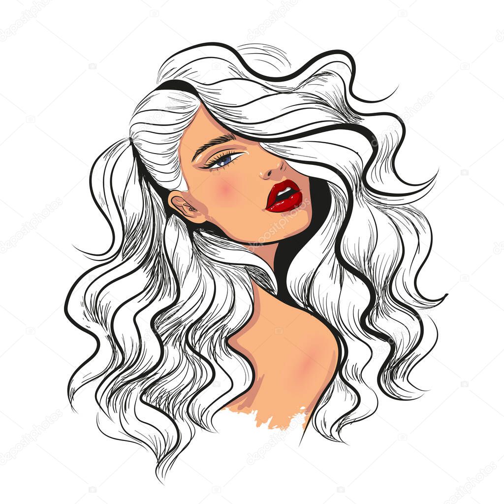 Fashion sketch of woman with wavy hair illustration