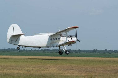 Çimen havaalanından kalkan bir An-2 uçağı. Yan görünüm.
