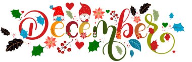 HELLO DECEMBER. December month with flowers and leaves. Floral decoration text. Decoration letters, Illustration December. Christmas celebration clipart