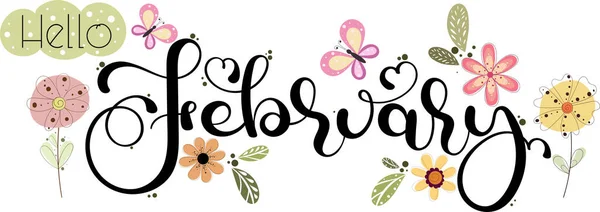 Γεια Σου Φεβρουάριο Φεβρουαριοσ Μήνα Διάνυσμα Λουλούδια Πεταλούδες Και Φύλλα — Διανυσματικό Αρχείο