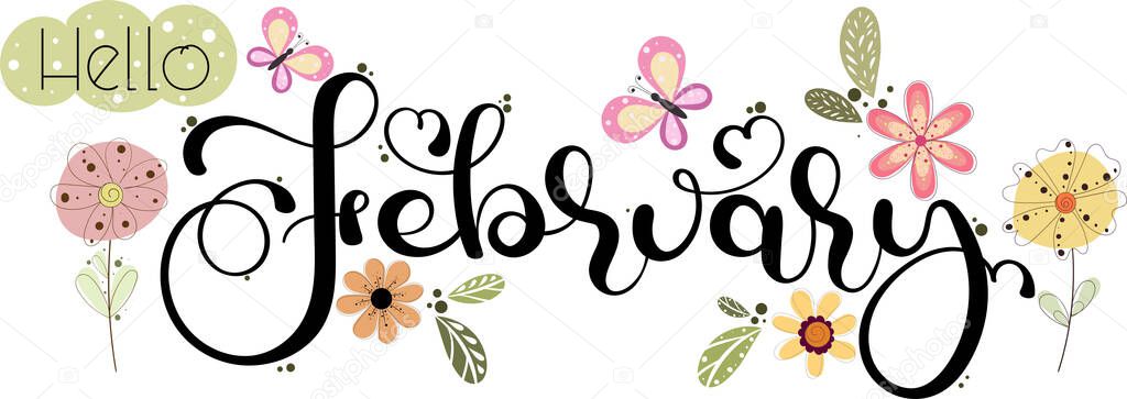  Hello February. FEBRUARY month vector with flowers, butterflies and leaves. Decoration floral. Illustration month February