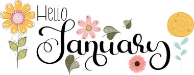 Merhaba Ocak. Çiçekler ve yapraklarla dolu bir ay vektörü. Çiçek süsleme. İllüzyon Ayı Ocak