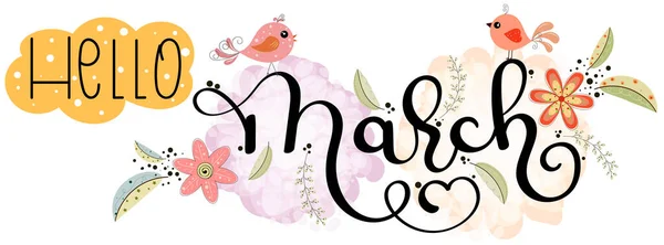 Ciao Marzo Marzo Mese Testo Lettering Mano Con Fiori Farfalle — Vettoriale Stock