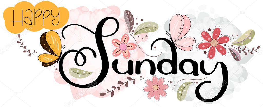 Hello SUNDAY. Happy sunday week vector with flowers, butterflies, and leaves. Days of the week, Decoration Typography Flat Style Design. Illustration (Wednesday)