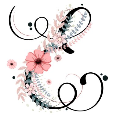 Alfabe süsleri. Çiçek ve yapraklı H harfi çiçek vektörü, klasik el yazısı, davetiye kartı ve diğer konsept fikirler için dekorasyon klasiği. Resim harfi süslemeleri