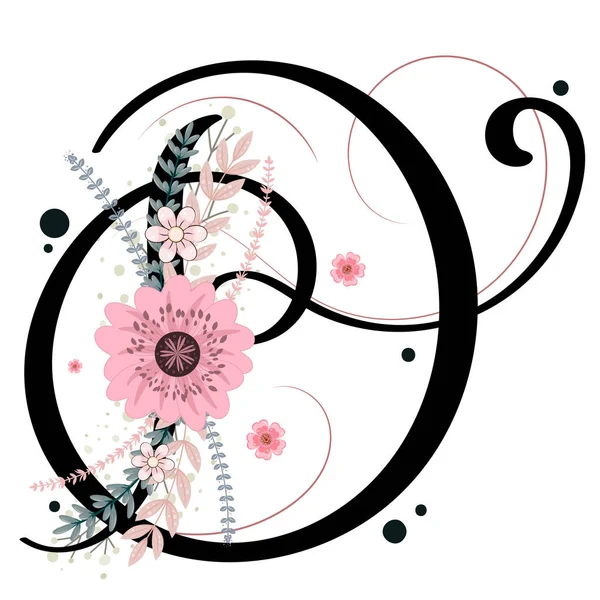 Çiçekli ve yapraklı D harfi vektörü. Süs mektupları. Resim D harfi. Yıldönümü.