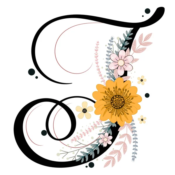 Ornements Alphabétiques Lettre Vecteur Floral Avec Des Fleurs Des Feuilles — Image vectorielle