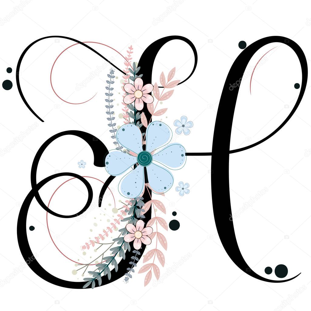 Alphabet ornaments. Letter H floral vector with flowers and leaves, vintage handwritten, Decoration vintage for invites card and other concept ideas. Illustration letter ornaments