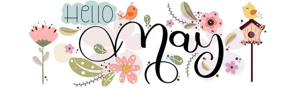 Hola May Mayo Mes Vector Con Flores Aves Hojas Decoración — Vector de stock