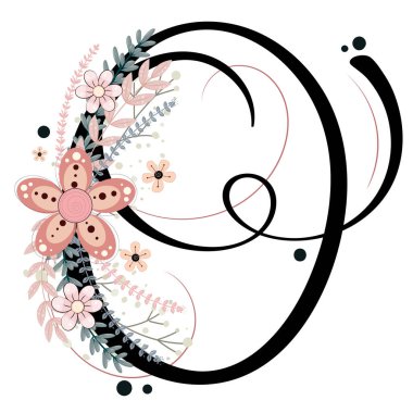 Alfabe süsleri. Çiçek ve yapraklı bir çiçek vektörü, klasik el yazısı, davetiye kartı ve diğer konsept fikirler için dekorasyon klasiği. Görüntü mektubu O Yıl dönümü