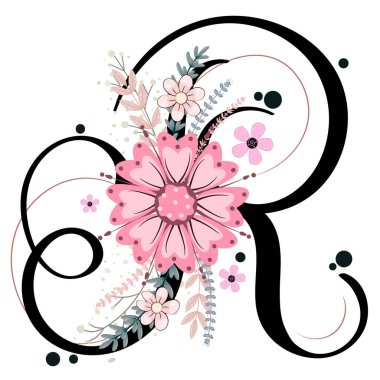 Alfabe süsleri. Çiçek ve yapraklı R harfi çiçek vektörü, klasik el yazısı, davetiye kartı ve diğer konsept fikirler için dekorasyon klasiği. Resim harfi R süslemeleri